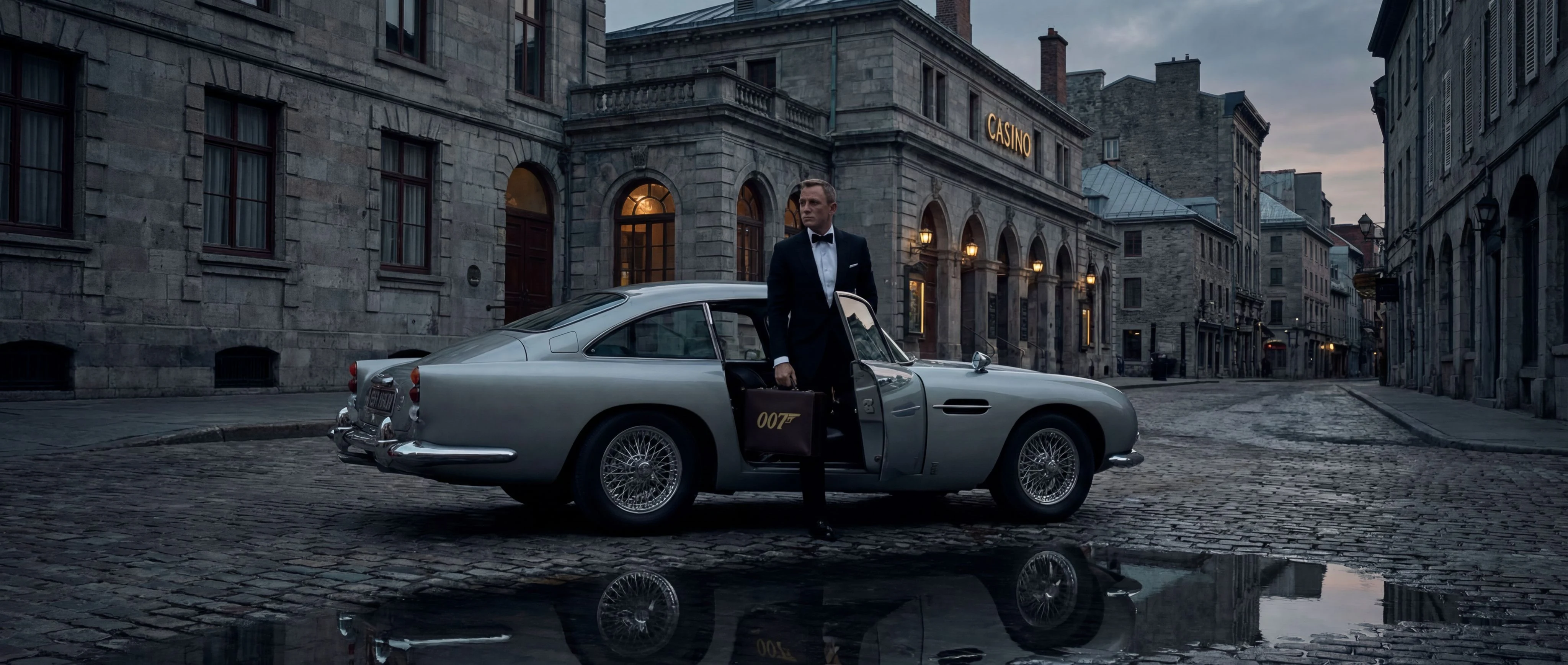 Stylized crossover concept: British sports car and secret-agent film iconography