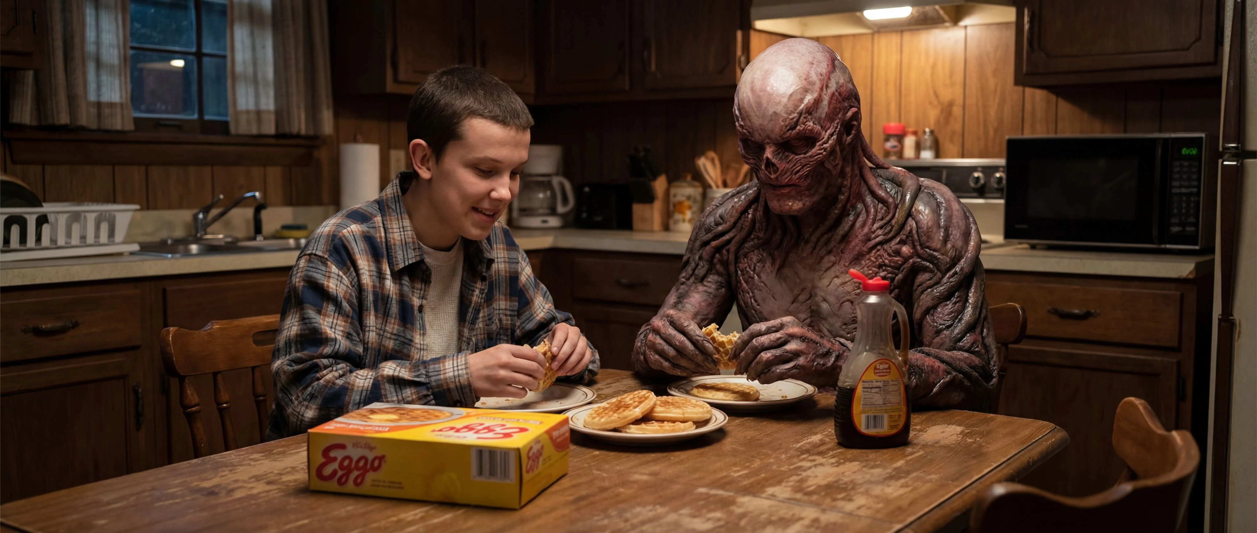 Stylized crossover concept: frozen waffle brand with 1980s sci-fi horror aesthetic